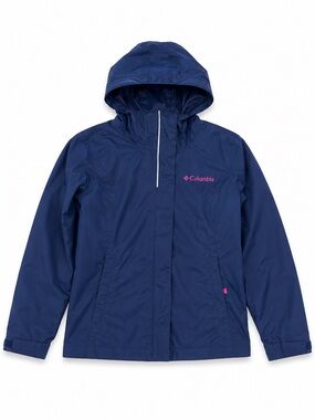 Columbia Navy Hooded Rain Jacket with Pink Logo